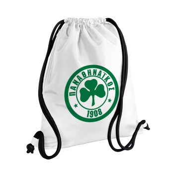 ΠΑΟ Παναθηναϊκός, Τσάντα πλάτης πουγκί GYMBAG λευκή, με τσέπη (40x48cm) & χονδρά κορδόνια