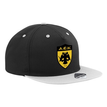 ΑΕΚ, Adult Flat Snapback Hat Black/Grey, (100% COTTON TWILL, ADULT, UNISEX, ONE SIZE)