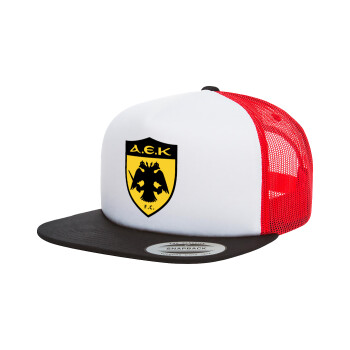 ΑΕΚ, Adult Foam Flat Snapback with Mesh Black-White-Red (POLYESTER, ADULT, UNISEX, ONE SIZE)