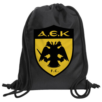 ΑΕΚ, Τσάντα πλάτης πουγκί GYMBAG Μαύρη, με τσέπη (40x48cm) & χονδρά κορδόνια