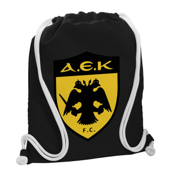 ΑΕΚ, Backpack pouch GYMBAG Black, with pocket (40x48cm) & thick white cords