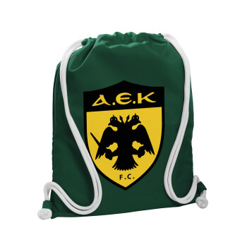 ΑΕΚ, Τσάντα πλάτης πουγκί GYMBAG BOTTLE GREEN, με τσέπη (40x48cm) & χονδρά λευκά κορδόνια