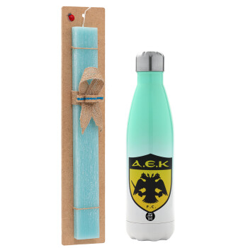 ΑΕΚ, Easter Set, Metallic green/white thermos (Stainless steel), double-walled, 500ml & scented flat Easter candle (30cm) (TURQUOISE)