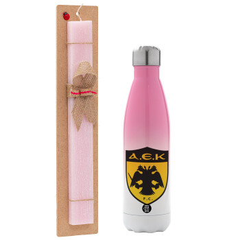 ΑΕΚ, Easter Set, Metallic pink/white (Stainless steel) thermos, double-walled, 500ml & aromatic flat Easter candle (30cm) (PINK)