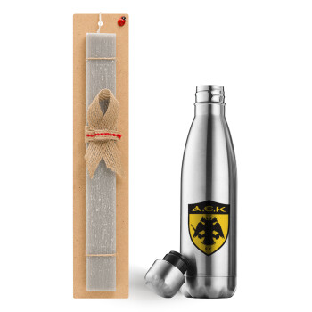 ΑΕΚ, Easter Set, metallic stainless thermos flask (500ml) & scented flat Easter candle (30cm) (GRAY)