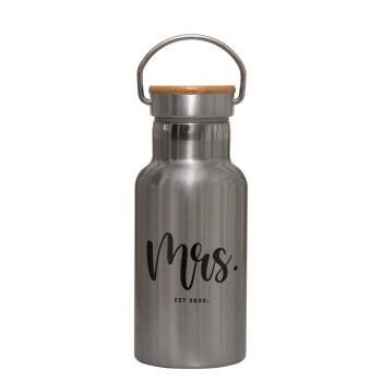 Mr & Mrs (Mrs), Stainless steel metallic thermos flask, silver with a bamboo lid, double-walled, 350ml.