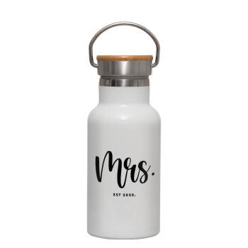 Mr & Mrs (Mrs), Metallic thermos (Stainless steel) White with wooden lid (bamboo), double-walled, 350ml