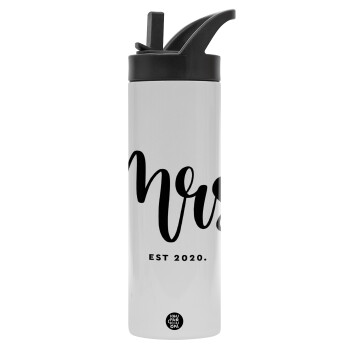 Mr & Mrs (Mrs), Metallic thermos bottle with straw & handle, stainless steel (Stainless steel 304), double-walled, 600ml.