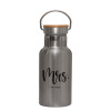 Stainless steel metallic thermos flask, silver with a bamboo lid, double-walled, 350ml.