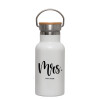 Metallic thermos (Stainless steel) White with wooden lid (bamboo), double-walled, 350ml