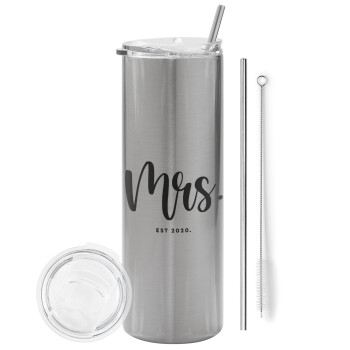 Mr & Mrs (Mrs), Eco friendly ποτήρι θερμό Ασημένιο (tumbler) από ανοξείδωτο ατσάλι 600ml, με μεταλλικό καλαμάκι & βούρτσα καθαρισμού