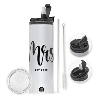 Mr & Mrs (Mrs), Travel Tumbler 2 Lids, with metal straw & cleaning brush (Stainless steel 304 Food grade, BPA free, 600ml)