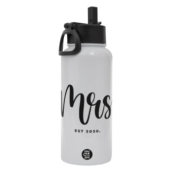 Mr & Mrs (Mrs), Metal mug thermo White with Straw and Spout Lid (Stainless steel), double wall, 950ml