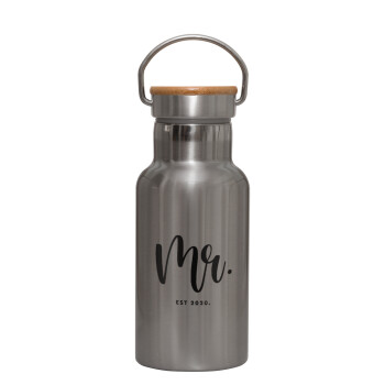 Mr & Mrs (Mr), Stainless steel metallic thermos flask, silver with a bamboo lid, double-walled, 350ml.