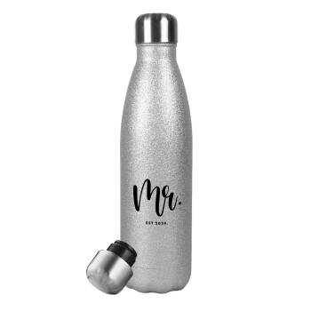 Mr & Mrs (Mr), Metallic Glitter Silver Thermos Flask (Stainless steel), double-walled, 500ml