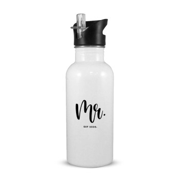Mr & Mrs (Mr), White water bottle with straw, stainless steel 600ml