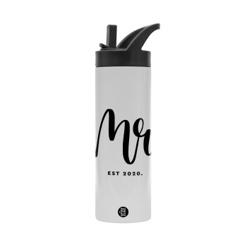 Mr & Mrs (Mr), Metallic thermos bottle with straw & handle, stainless steel (Stainless steel 304), double-walled, 600ml.