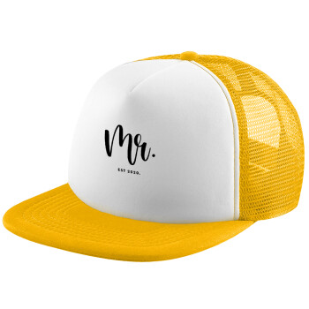 Mr & Mrs (Mr), Adult Soft Trucker Hat with Yellow/White Mesh (POLYESTER, ADULT, UNISEX, ONE SIZE)