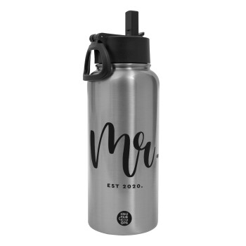 Mr & Mrs (Mr), Metal mug thermo Silver with Straw and Spout Lid (Stainless steel), double wall, 950ml