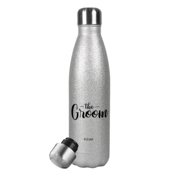 Groom & Bride (Groom), Metallic Glitter Silver Thermos Flask (Stainless steel), double-walled, 500ml