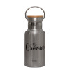 Stainless steel metallic thermos flask, silver with a bamboo lid, double-walled, 350ml.