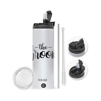 Groom & Bride (Groom), Travel Tumbler θερμό με διπλό καπάκι, μεταλλικό καλαμάκι και βούρτσα καθαρισμού (Ανωξείδωτο 304 Food grade, BPA free, 600ml)