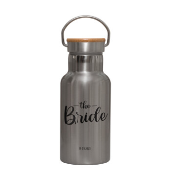 Groom & Bride (Bride), Stainless steel metallic thermos flask, silver with a bamboo lid, double-walled, 350ml.