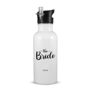 Groom & Bride (Bride), White water bottle with straw, stainless steel 600ml
