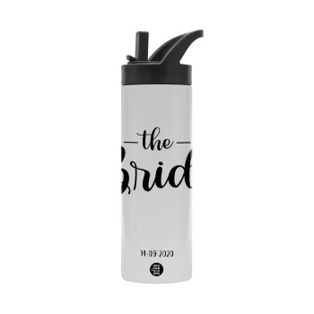 Groom & Bride (Bride), Metallic thermos bottle with straw & handle, stainless steel (Stainless steel 304), double-walled, 600ml.