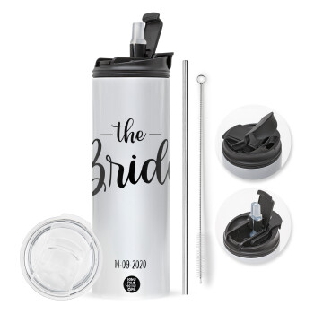 Groom & Bride (Bride), Travel Tumbler 2 Lids, with metal straw & cleaning brush (Stainless steel 304 Food grade, BPA free, 600ml)