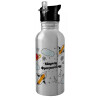 Water bottle Silver with straw, stainless steel 600ml