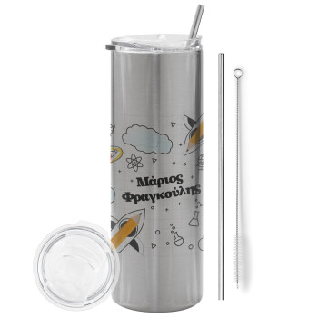 Back to school, Tumbler stainless steel Silver 600ml, with metal straw & cleaning brush