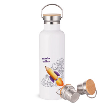 Back to school rocket pencil, Stainless steel White with wooden lid (bamboo), double wall, 750ml