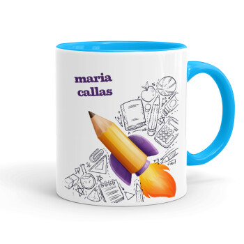 Back to school rocket pencil, Mug colored light blue, ceramic, 330ml