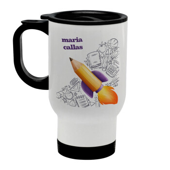 Back to school rocket pencil, Stainless steel travel mug with lid, double wall white 450ml