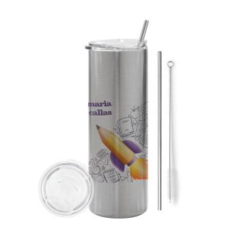 Back to school rocket pencil, Eco friendly stainless steel Silver tumbler 600ml, with metal straw & cleaning brush