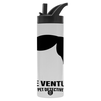 Ace Ventura Pet Detective, Μεταλλικό παγούρι θερμός με καλαμάκι & χειρολαβή, ανοξείδωτο ατσάλι (Stainless steel 304), διπλού τοιχώματος, 600ml
