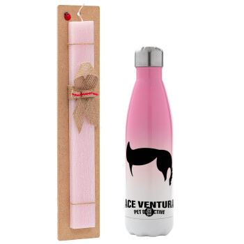 Ace Ventura Pet Detective, Easter Set, Metallic pink/white (Stainless steel) thermos, double-walled, 500ml & aromatic flat Easter candle (30cm) (PINK)