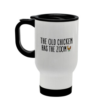 The old chicken has the zoom, Stainless steel travel mug with lid, double wall white 450ml