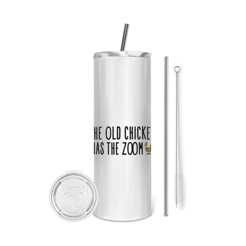 The old chicken has the zoom, Eco friendly ποτήρι θερμό (tumbler) από ανοξείδωτο ατσάλι 600ml, με μεταλλικό καλαμάκι & βούρτσα καθαρισμού