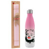 Easter Set, Metallic pink/white (Stainless steel) thermos, double-walled, 500ml & aromatic flat Easter candle (30cm) (PINK)