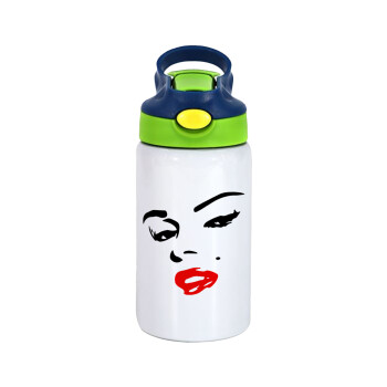 Marilyn Monroe, Children's hot water bottle, stainless steel, with safety straw, green, blue (350ml)