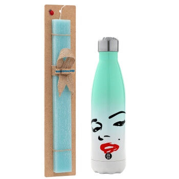 Marilyn Monroe, Easter Set, Metallic green/white thermos (Stainless steel), double-walled, 500ml & scented flat Easter candle (30cm) (TURQUOISE)