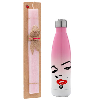 Marilyn Monroe, Easter Set, Metallic pink/white (Stainless steel) thermos, double-walled, 500ml & aromatic flat Easter candle (30cm) (PINK)