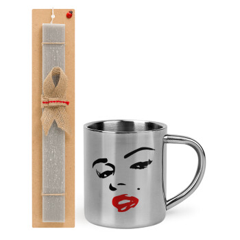 Marilyn Monroe, Easter Set, metallic thermal cup (300ml) & Easter aromatic flat candle (30cm) (GRAY)