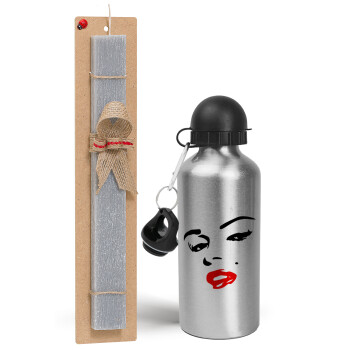 Marilyn Monroe, Easter Set, metallic silver aluminum water bottle (500ml) & aromatic flat Easter candle (30cm) (GRAY)