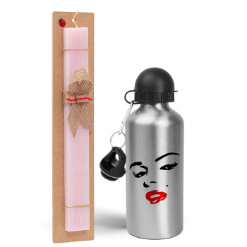 Marilyn Monroe, Easter Set, metallic Silver aluminum water bottle (500ml) & scented flat Easter candle (30cm) (PINK)