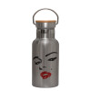 Stainless steel metallic thermos flask, silver with a bamboo lid, double-walled, 350ml.