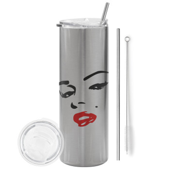 Marilyn Monroe, Eco friendly ποτήρι θερμό Ασημένιο (tumbler) από ανοξείδωτο ατσάλι 600ml, με μεταλλικό καλαμάκι & βούρτσα καθαρισμού