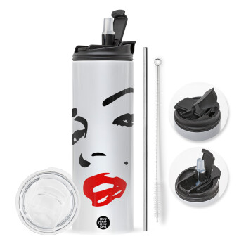 Marilyn Monroe, Travel Tumbler 2 Lids, with metal straw & cleaning brush (Stainless steel 304 Food grade, BPA free, 600ml)